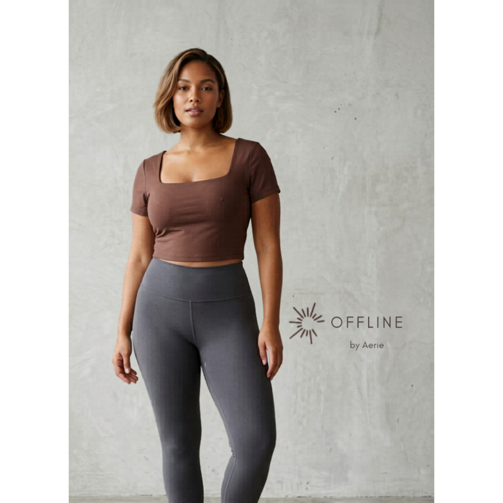 Offline by Aerie Brown Square Neck Built In Bra Crop Top Athletic Shirt Size XXL
